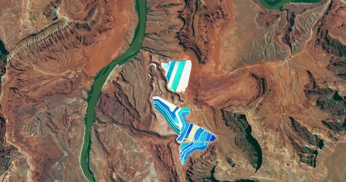 Flying above potash ponds, red rocks, deserted dry area with canyon of a river. Camera is moving left and up. Animation based on image by NASA