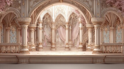 Obraz premium Ornate architectural structure with arches columns and painted figures in a fantasy style.
