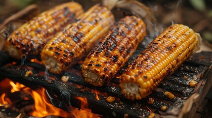 Delicious Grilled Corn on the Cob Roasting over an Open Fire, Summertime Food