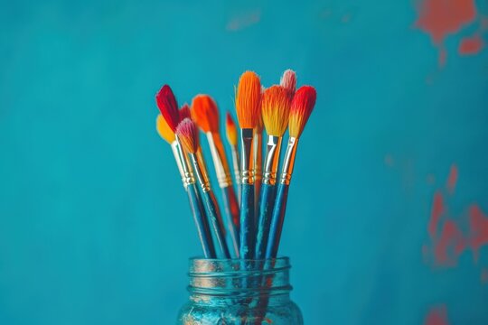 Colorful paintbrushes in a mason jar