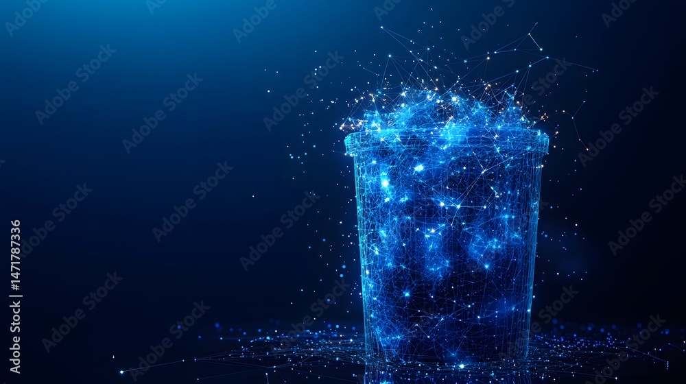 Leinwandbilder Digital wastebasket concept: A technological representation of recycling and data management. Blue network symbolizes connectivity. Perfect for tech, environment themes. Abstract dark blue wireframe.