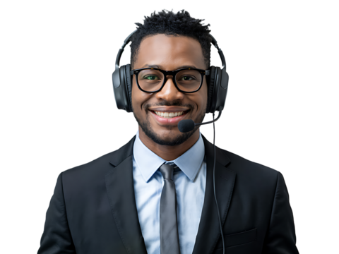 Happy African American Businessman Wearing Headset and Microphone