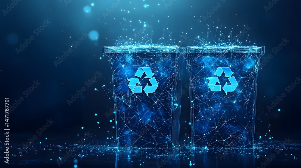 Poster futuristic recycling bins glow in a digital world, symbolizing sustainable tech. mesh design with br