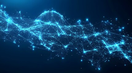Fototapeta premium A vibrant, interconnected network of glowing nodes. Data streams dance across a digital canvas, representing communication, social dynamics, or technological advancement. Abstract dark blue wireframe.