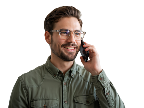 Happy Man Talking on Cell Phone Wearing Glasses