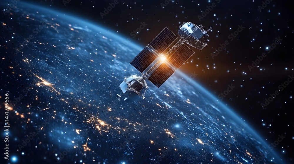 Aufkleber satellite view showcasing technology in orbit around earth, city lights gleaming below. a modern mar