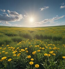 Obraz premium Golden dandelions blanket green field under vast blue sky , ecology, image