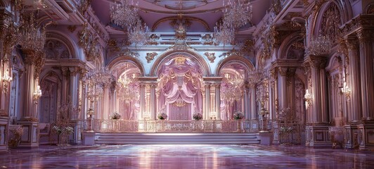 Obraz premium Ornate hall interior with columns arches and intricate decorations in shades of purple.
