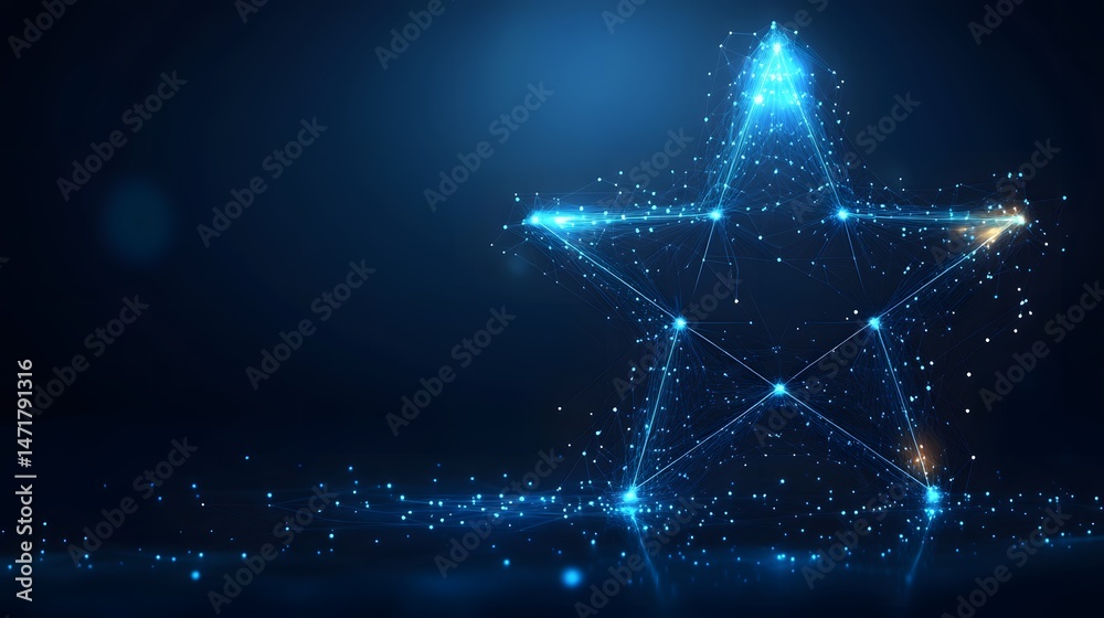 Poster a luminous blue star, a network of points and lines, radiates on a dark backdrop. orange accents hin