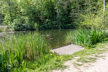 Wooden fishing platform on a small coarse lake in the countryside