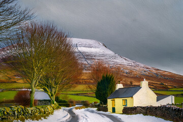 Painting image of cottage at roadside near mountain in rural Ireland in wintertime