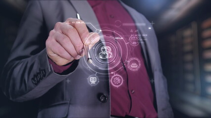 Development team structure in infographics on a holographic panel.