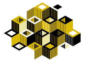 Isometric 3D cubes vector abstract geometric background, yellow abstraction art architecture city buildings theme, cubic shapes and forms composition lowpoly style.