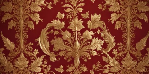 Intricate gold leaf floral damask on deep crimson backdrop, design, gold, tapestry