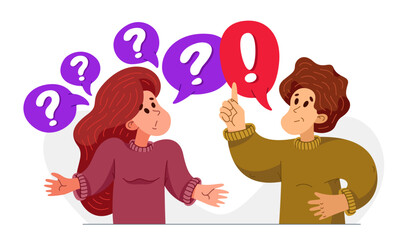 Young man has a good answer to a woman question and doubts, vector illustration of young people helping each other to solve some problem.