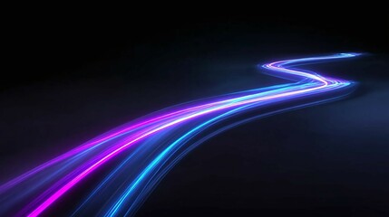 Abstract light trails show a winding path against a dark background.