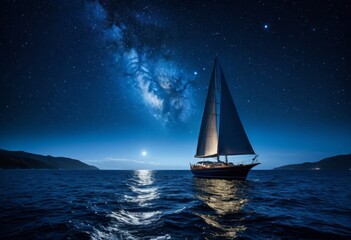 Starry night sky with sailboat in the ocean