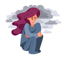 Young woman having a psychological problem of stress or anxiety, vector illustration of stressed girl having mental disorder or tired, headache flat style drawing.