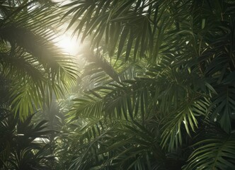 Deep green palm leaves, sunlight filtering through, rich textures , macro photography, palm leaves