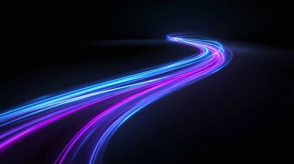 Abstract light trails in blue and purple against a dark background.
