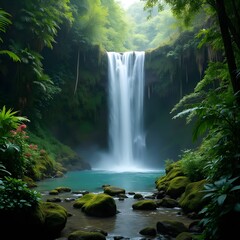 A majestic waterfall cascades over moss-covered rocks into a serene pool surrounded by tropical flora.