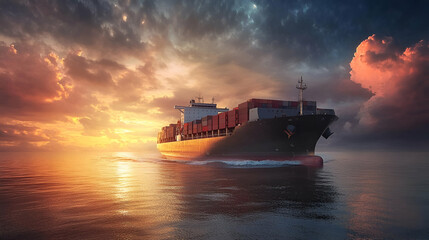 Cargo Ship at Sunset on the Ocean
