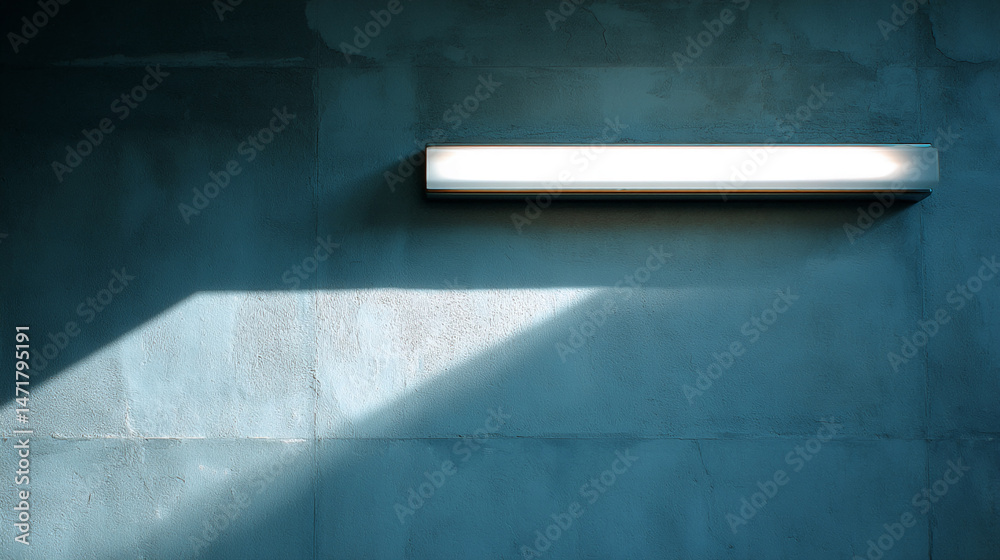 Aufkleber teal textured wall with a rectangular light fixture, casting a diagonal shadow, showcasing minimalis