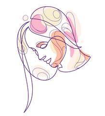 Beautiful face of attractive woman vector linear drawing, sensitive emotional line art adult girl portrait, feminine abstract face line art.