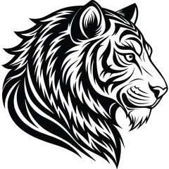 Obraz premium Tiger Head Profile: A majestic depiction of a tiger's head, rendered in stark black and white, highlighting its striking profile, piercing gaze, and intricate fur pattern.