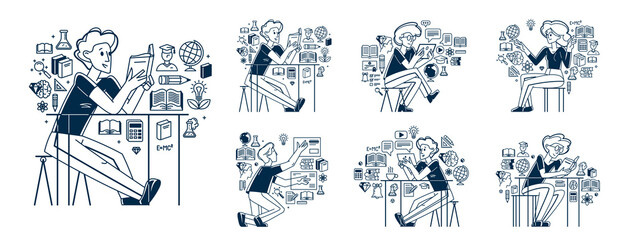 Education in university or collage, student is doing homework or preparing for exam, vector outline illustration set, study sciences and graduate.