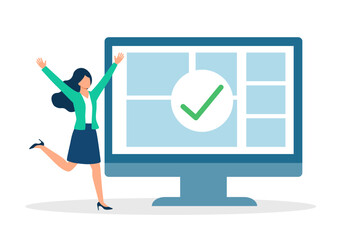 Happy woman threw up her hands in triumph, rejoicing at the completed task. Successfully completed task and well done work.