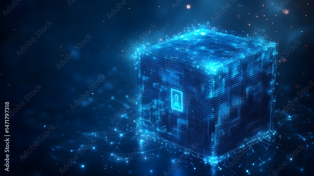 Leinwandbilder futuristic glowing blue cube with a lock icon symbolizes digital security. a network of lights conve