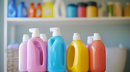 Colorful Plastic Detergent Bottles on Shelf