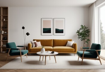 Fototapeta premium There is a living room with sofa chair table and bookcase