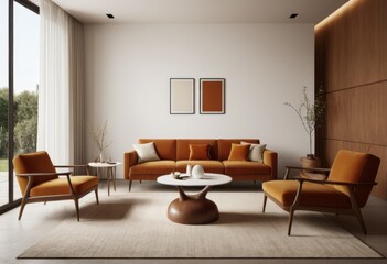 Fototapeta premium There is a living room with sofa chairs and a table