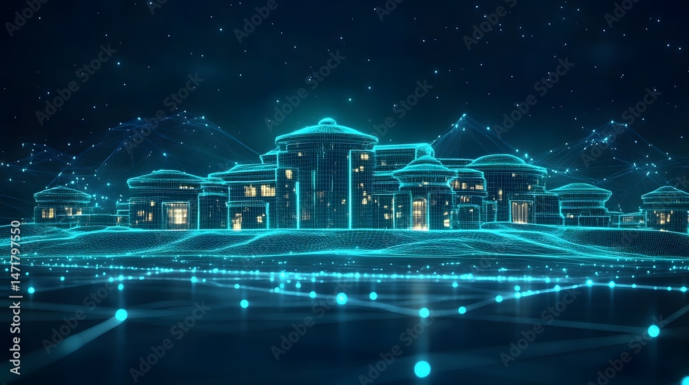 Aufkleber futuristic cityscape blueprint with glowing windows and a network grid, set against a star-filled ni