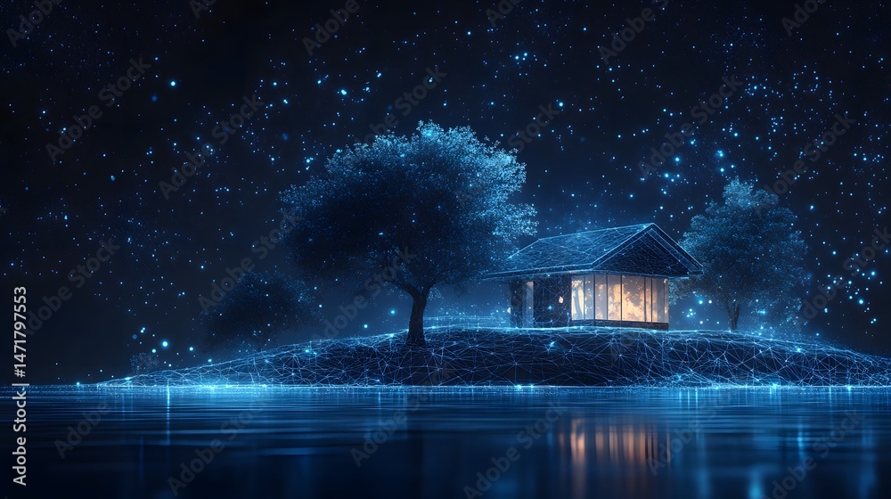Aufkleber futuristic glass house reflecting in water under a starry sky. digital wireframe hill and illuminate