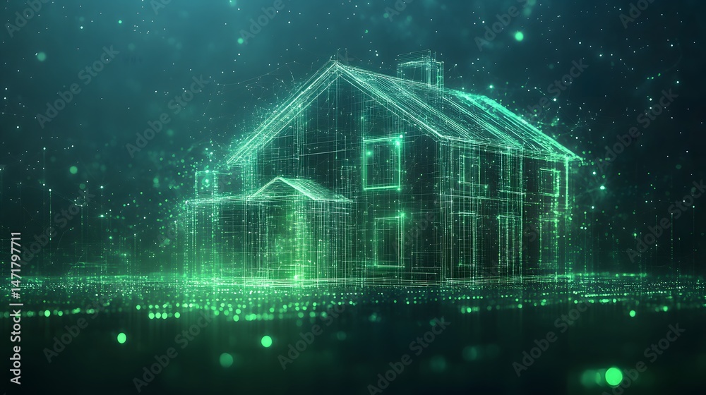 Poster Futuristic green house illustration against a dark backdrop. A connected home is visualized with glowing lines and data particles, symbolizing smart technology. Abstract dark blue wireframe