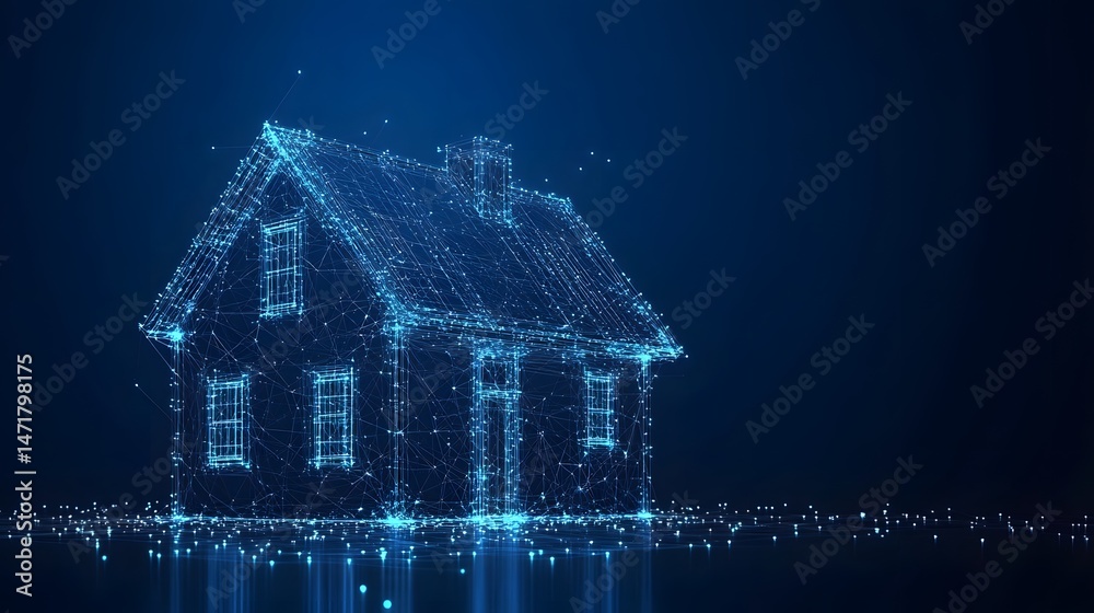 Aufkleber futuristic digital house rendering with interconnected blue lines and a reflective ground. ideal for