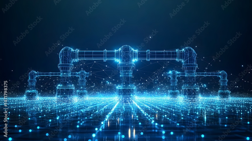 Poster abstract blue pipes form a technological network above a glowing grid. symmetrical design suggests m