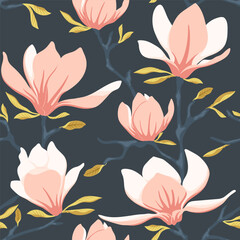 Seamless pattern with spring flowers magnolia and leaves, floral pattern for wallpaper background. Vector illustration.