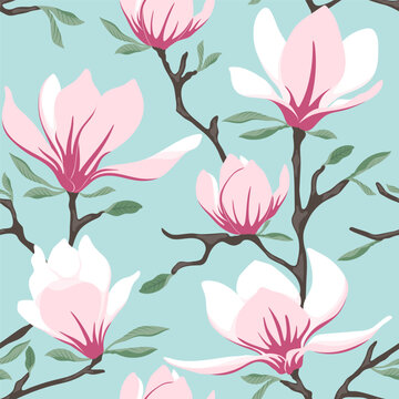 Seamless pattern with spring flowers magnolia and leaves, floral pattern for wallpaper background. Vector illustration.