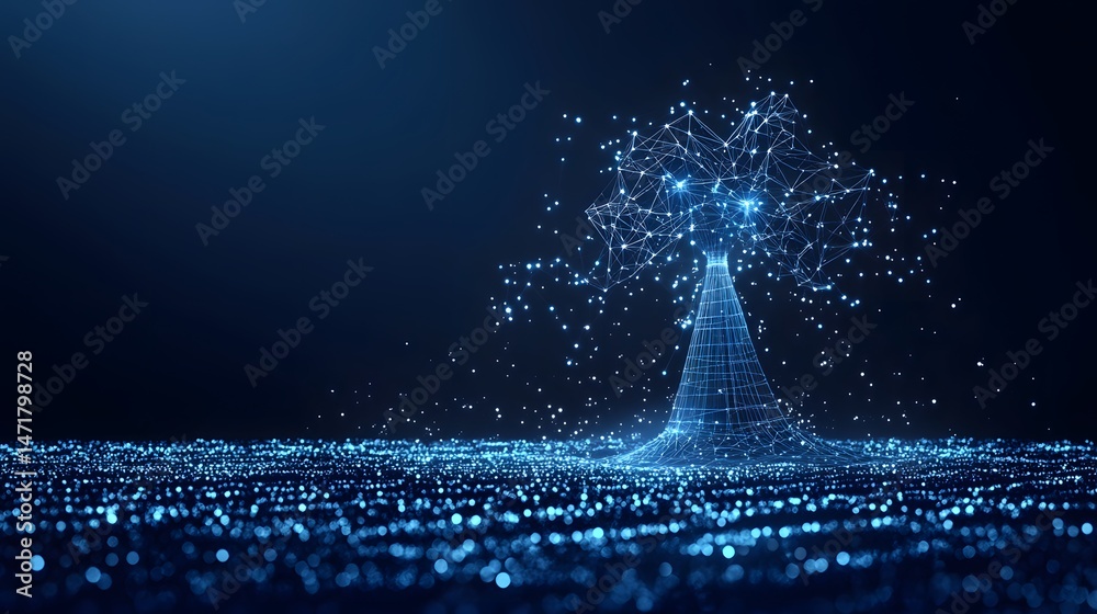 Poster futuristic tree glows amidst a luminous landscape. a wireframe trunk supports a network of bright bl