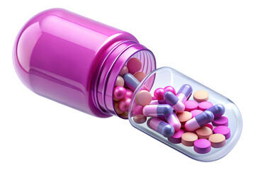 3D Render of an Open Pink Pill Bottle with Colorful Pills Spilling Out Isolated on Transparent Background PNG