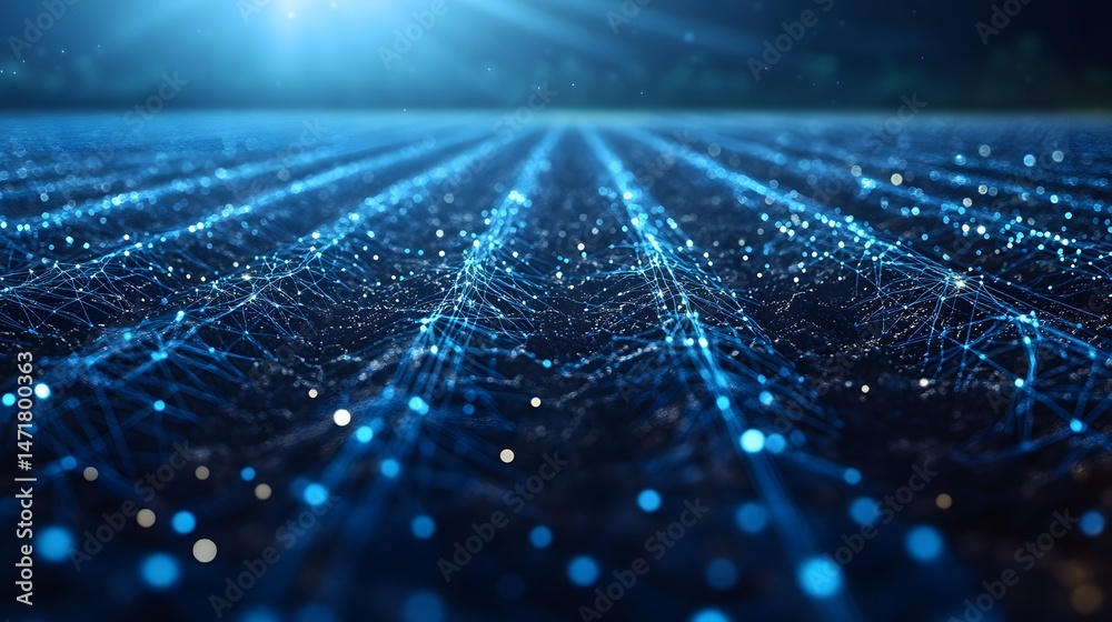 Aufkleber futuristic blue landscape featuring a glowing network of interconnected lines and dots forming a gri