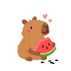 Cute Cartoon Capybara eating slice of watermelon on a white background. Flat vector illustration of capybara holding watermelon, Summer print for kids.