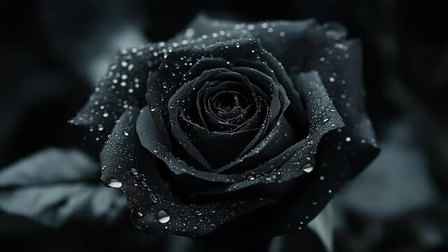 Black rose with water droplets in dark background