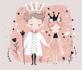 Cute couple prince and princess holding hands, boy and girl in love, wedding card, Valentine s Day, fairy tale characters. Flat cartoon illustration.