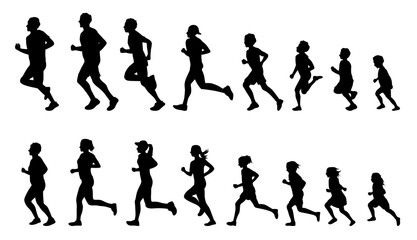 People running from child to adult, to senior, running people silhouette, runners and joggers