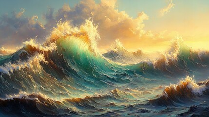 Ocean, Waves, Landscape, Nature, Blue, Sea, Sky serene panoramic view with rolling surf and coastal horizon new beautiful stock image illustration AI